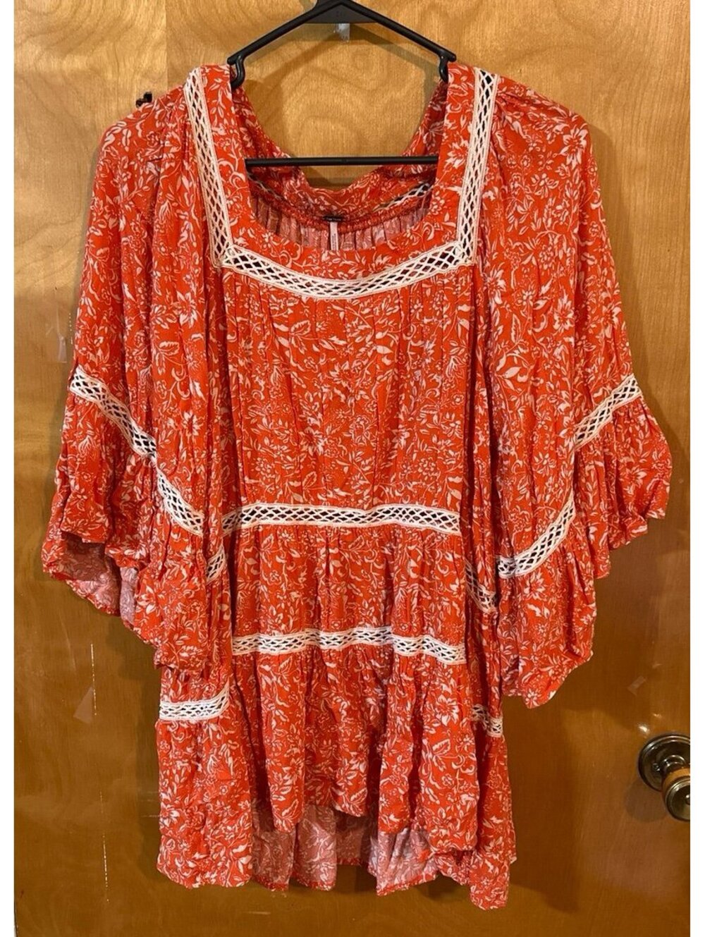 Free People Talk About It Orange Floral Crochet Trim Tunic Size X-Small